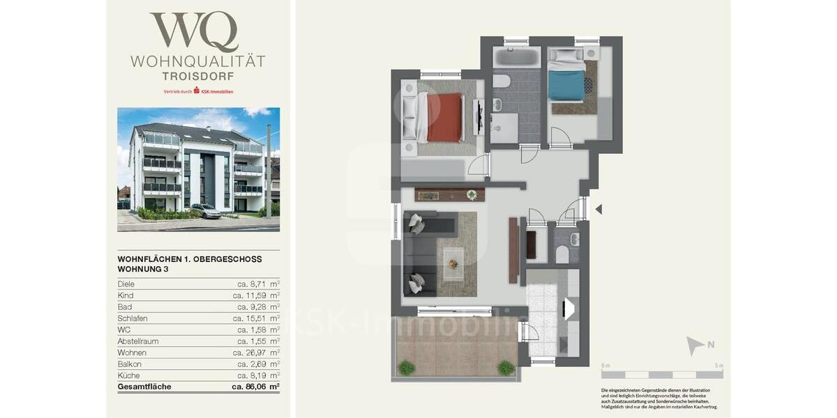Etagenwohnung Troisdorf Altenrath - 3 Zimmer, 86 m&sup2;, 1.350&euro; | Angebot:25084524