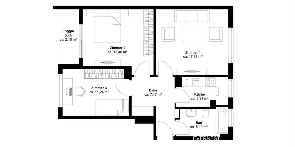 Etagenwohnung Leverkusen Küppersteg - 3 Zimmer, 64 m&sup2;, 198.000&euro; | Angebot:24972166