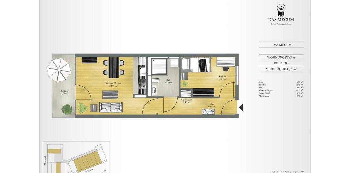 Etagenwohnung Düsseldorf Bilk - 2 Zimmer, 49 m&sup2;, 798&euro; | Angebot:26378765