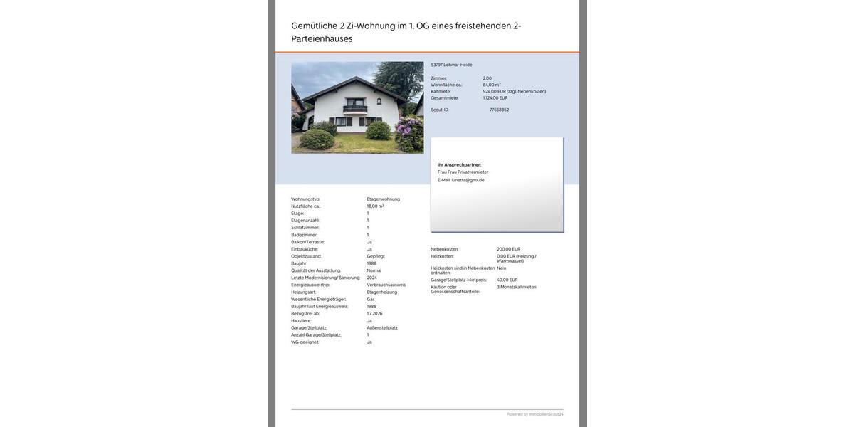 Etagenwohnung Lohmar - 2 Zimmer, 84 m&sup2;, 924&euro; | Angebot:25918398