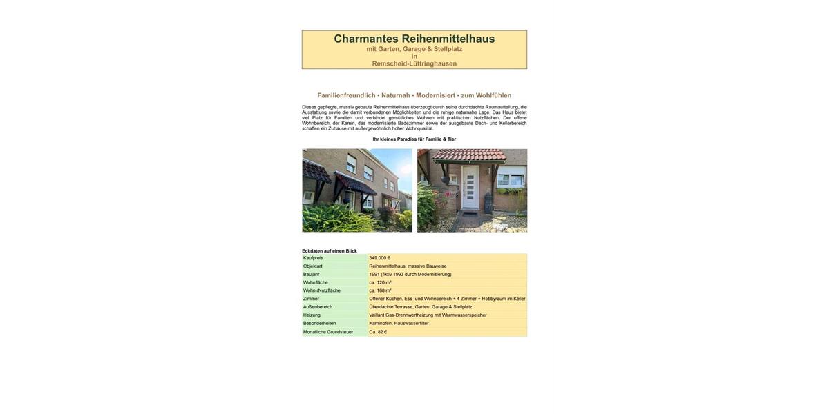 Reihenhaus Remscheid Lüttringhausen - 5 Zimmer, 120 m&sup2;, 349.000&euro; | Angebot:27113643